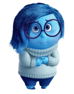 an animated character with blue hair, glasses and a sweater is standing in front of a white background