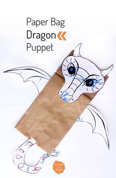 a paper bag with an image of a dragon on it and the text, dragon paper bag puppet template