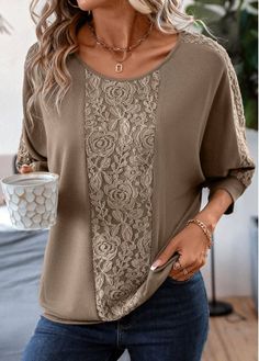 Color:Light Coffee;Size:S;Size:M;Size:L;Size:XL;Size:XXL;Package Contents:1 X T Shirt;Occasion:Sport; Lace Sweatshirt, Patchwork Top, Lace Outfit, Casual Lace, Shirt Sale, Blouse Dress, Batik, Types Of Sleeves, Shirt Blouses