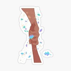 a sticker with an image of two hands holding each other in the air and falling leaves