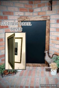 an electric panel cover is shown in front of a brick wall with potted plants