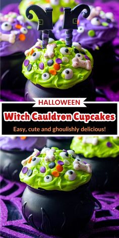 halloween witch caulder cupcakes with googly eyes and sprinkles