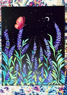 a painting of purple flowers and a red butterfly on a black background with the moon in the sky