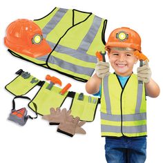 PRICES MAY VARY. Give the Magic of Make-Believe: Encourage kids’ love for role-play with this construction worker costume set. It can help enhance your child’s creativity, imagination, social skills, cognitive skills & more. 12-Piece Set Has It All: You get everything your preschooler needs for hours of pretend play: a cool construction worker costume for kids, safety hat, play construction tools, gloves, hammer, wrenches, tool belt and tools. All pieces needed to simulate being a construction w Toddler Construction Costume, Construction Costume, Construction Worker Costume, Engineer Costume, Colorful Box, Pretend Play Costumes, Construction For Kids, Kids Safety, Play Outfit