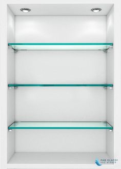 an empty white shelf with glass shelves on each side and two lights above the shelves