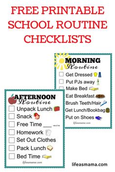 the free printable school routine checklist is shown in three different colors and sizes