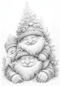 a black and white drawing of two gnomes hugging in front of a christmas tree