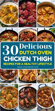 the cover of 30 delicious dutch oven chicken thighs