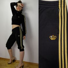 Y2K ADIDAS Respect Me 3 stripes Capri Track Pants / Low rise black golden ADIDAS Respect Me pants size 36 Size on the label: 36 please check the pictures. (Please check the measurements to make sure it will fit you). Model in the photos is size 8UK/4US; 164 cm/5'5'' Measurements, flat / approximate measurements: Waist (not elastic): 45 cm (17.72'') Overall length: 65 cm (25.59'') Inseam: 47 cm (18.50'') Hips: 52 cm (20.47'') Material: please check the pictures. Very good vintage condition. Look Pants Low Rise, Y2k Adidas, Track Pants, Unique Vintage, Low Rise, Favorite Outfit, Capri, Gender Neutral, Overalls