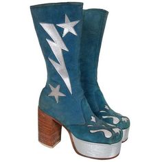 Preowned 1970's Turquoise-blue Suede & Silver Leather Novelty... (£975) ❤ liked on Polyvore featuring shoes, boots, blue, turquoise boots, high platform boots, suede leather boots, platform shoes and blue boots 70s Moodboard, Blue Pngs, Silver Evening Shoes, Disco Lemonade, Moodboard Png, Blue Leather Boots, Turquoise Boots, 70s Shoes, Blue Suede Boots