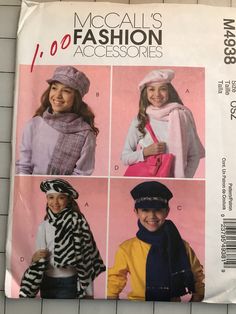 two girls'hats and scarfs are shown on the front cover of a sewing pattern