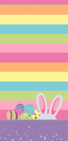 an easter card with bunny ears and eggs in front of a rainbow striped wallpaper