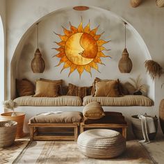 a living room with sun and moon on the wall