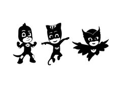 three black and white silhouettes of children dressed as batman, catwoman, and batgirl