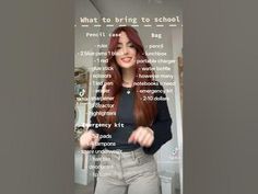 a woman with long red hair is standing in front of a poster that says, what to bring to school