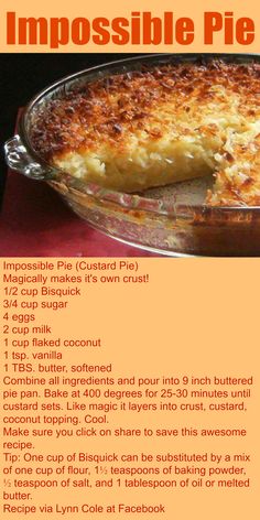 the recipe for impossible pie is shown in an orange and yellow poster with instructions to make it