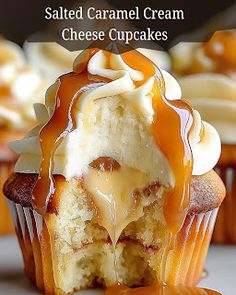 cupcakes with caramel drizzle and icing on them