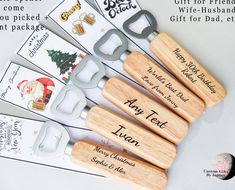 six personalized wooden utensils with christmas cards