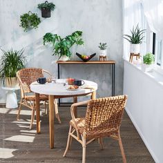 a table and chairs in a room with potted plants