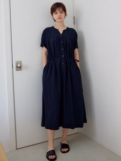 Composition : VISCOSE 100%Country of Origin : KOREA Sewing Ideas, Jumpsuit Dress, Long Dress, Dress Outfits, Composition, Jumpsuit, V Neck, Sewing, Navy