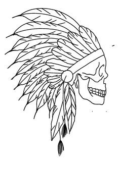 a drawing of a skull with feathers on it's head is shown in black and white