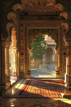 an intricately decorated building with columns and arches in the sun shining down on it