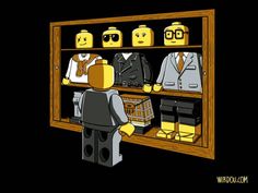 a lego man standing in front of a display case filled with yellow and black items