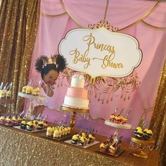 a princess baby shower dessert table with cake and cupcakes on it's sides