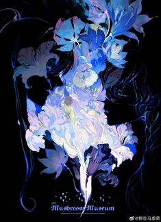 an artistic painting of blue and white flowers on a black background with the words milla grooy illusion written below it