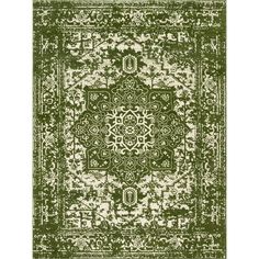 a green and white rug with an ornate design