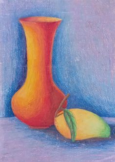 a pastel drawing of a vase and two lemons