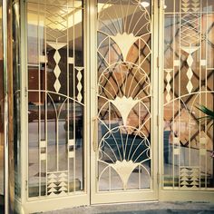 an ornate glass front door with decorative designs on it's sides and side panels