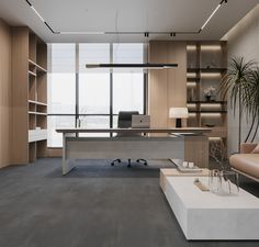 an office with a desk, couch and bookcases