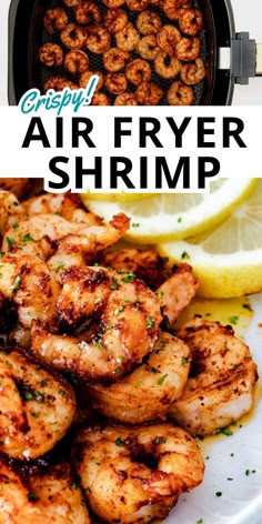 grilled air fryer shrimp on a plate with lemon wedges