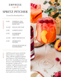 an image of a menu for a drink with raspberries and peaches in it