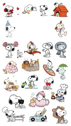 an image of many different cartoon characters on a white background, including dogs and cats