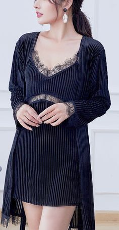 Black V-neck Nightgown For Night Out, Black V-neck Sleepwear With Lace Trim, Black V-neck Nightgown For Wedding Night, Fitted Black V-neck Nightgown, Black Lace V-neck Sleepwear, Black V-neck Sleep Dress, Elegant Black Long Sleeve Sleepwear, Black V-neck Nightgown For Loungewear, Party V-neck Nightgown With Lace Trim