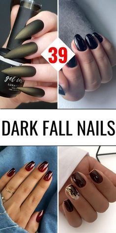 Dark Fall Nails, Dip Designs, Almond Designs, Elegant Manicure, Dark Fall, Maroon Nails, Gold Nail Art, Matte Black Nails, Fall Manicure