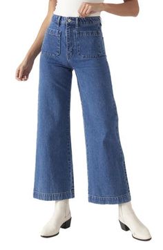 Fall for the silhouette of these high-waist jeans made from stretch-kissed denim in a light-blue wash with retro patch pockets and wide ankle-grazing hems. 28" inseam; 23" leg opening; 12 1/2" front rise; 14 1/2" back rise (size 29) Zip fly with button closure Five-pocket style 99% cotton, 1% elastane Machine wash, line dry Imported Sailor Jeans, Retro Patch, Sailor Jean, The Sailor, Vintage Denim, Sweater Jacket, Bottoms Pants, High Waist Jeans, The Ordinary