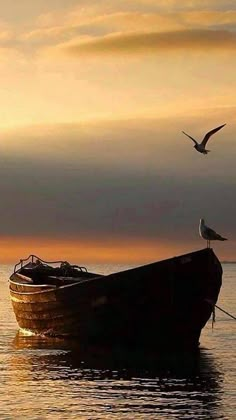 a bird sitting on the end of a boat in the middle of the ocean at sunset