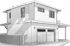 a drawing of a two story house with an attached garage