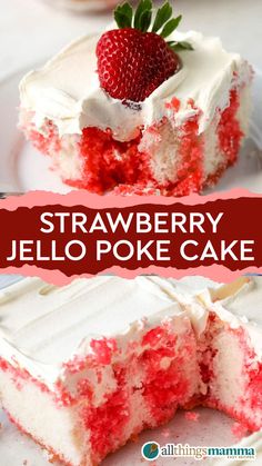 A slice of Strawberry Jello Poke Cake topped with fluffy whipped cream and a fresh strawberry, showcasing vibrant red jello streaks in the white cake. Strawberry Swirl Cake, Strawberry Jello Poke Cake, Jello Cakes, Strawberry Jello Cake, Cake Poke, Jello Cake Recipes, Jello Poke Cake, Poke Cake Jello, Strawberry Poke Cakes