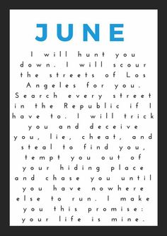 a blue and white poster with the words june written in bold font on it's black background