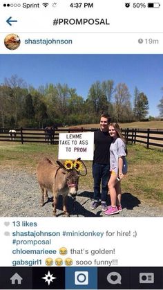 two people standing next to a donkey with a sign on it's face that says,