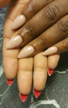 Red Bottom Short Nails, French Tip Nails With Red Bottoms, Red Bottom Almond Nails, French Tip Nails Red Bottoms, How To Do Red Bottom Nails, Black Nails With Red Bottoms Almond, Short Red Bottom Nails, Nude Red Bottom Nails, Red Nude Nails