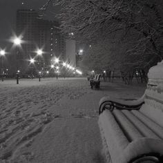 a park bench covered in snow at night with street lights and buildings in the background