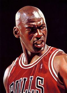 an oil painting of a basketball player with his mouth wide open and the word bulls on it's chest