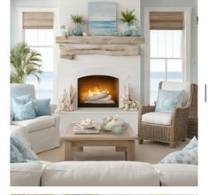 White Fireplace Tv Wall, Coastal Stone Fireplace Ideas, Tv Wall Decor Coastal, Nantucket Fireplace Living Rooms, Beach Cottage Fireplace, Beach Style Fireplaces, Beachy Fireplace, Living Room Electric Fireplace Ideas, Fall Living Room Decor Autumn