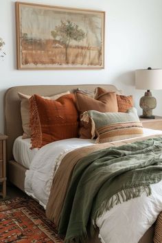 a bed with pillows and blankets on top of it next to a painting above the bed