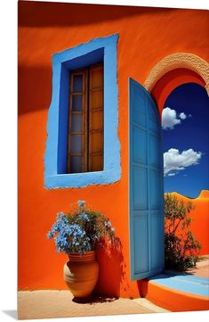 an orange building with blue doors and flowers in the foreground, and a potted plant next to it